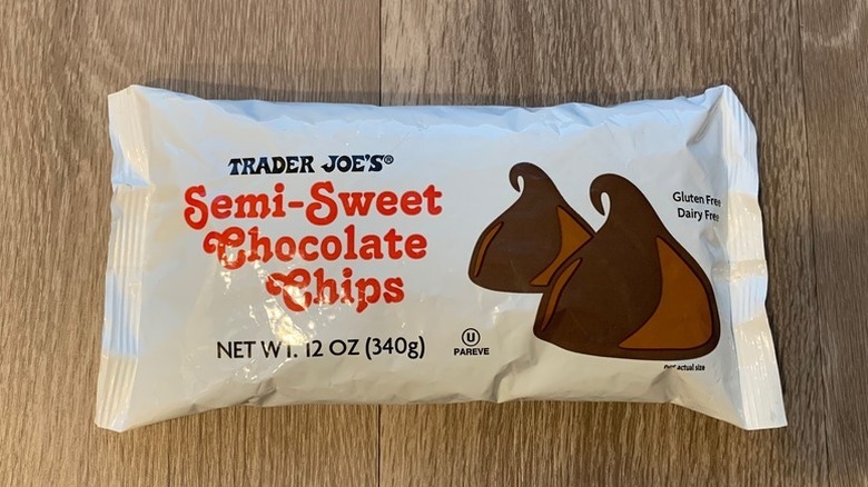 Semi-Sweet Chocolate Chips at Trader Joe's with a wood background