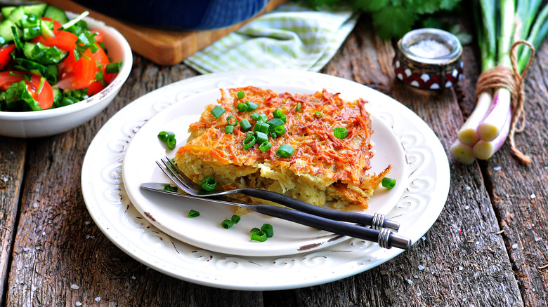 Potato kugel plated on table