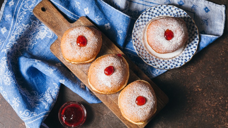 Wooden tray of sufganiyot
