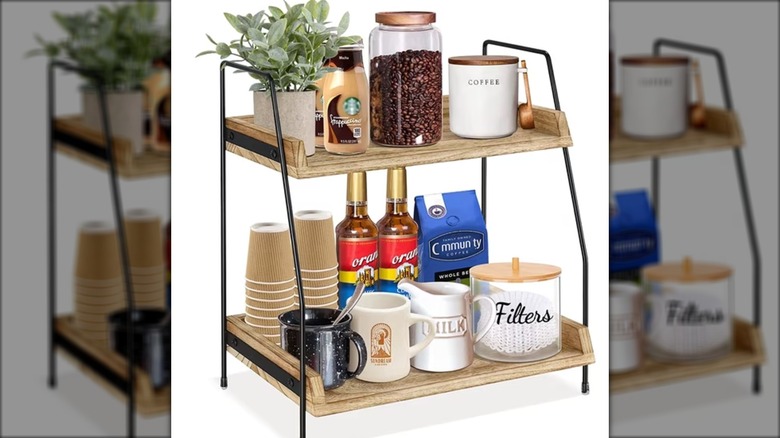 Wooden and metal coffee bar tiered rack