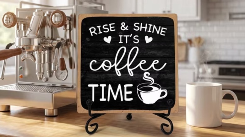 Farmhouse coffee bar sign and metal stand with phrase "Rise & Shine its Coffee Time"