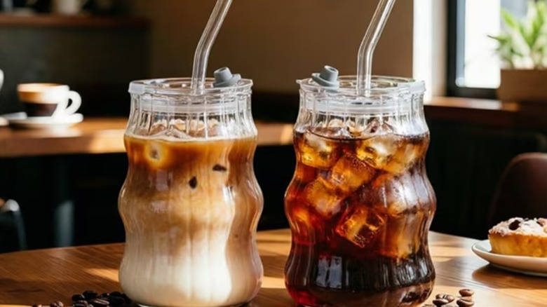 clear glass coffee cups with iced coffee