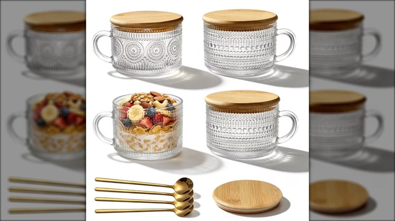 Four embossed glass mugs with glass spoons and wooden lid