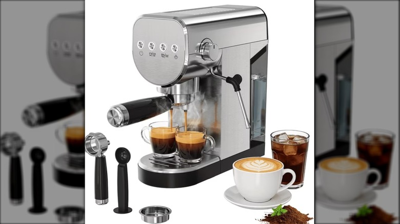 Espresso machine with two espressos, accessories and a hot and iced coffee beverage