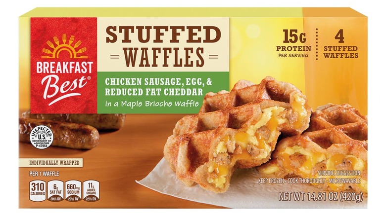 Box of Breakfast Best Stuffed Waffles against white background.