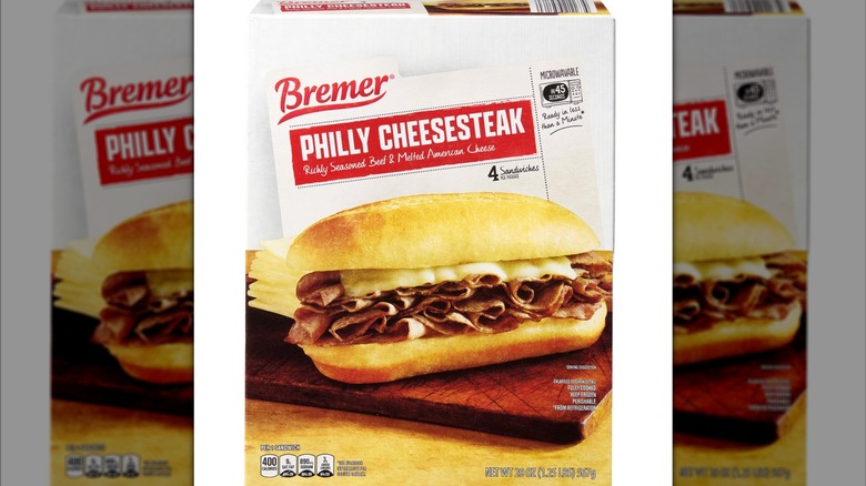Box of Bremer Philly Cheesesteak against white background.