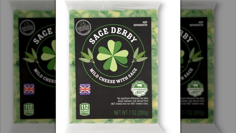 7-ounce block of Emporium Selection Sage Derby Cheese against white background.