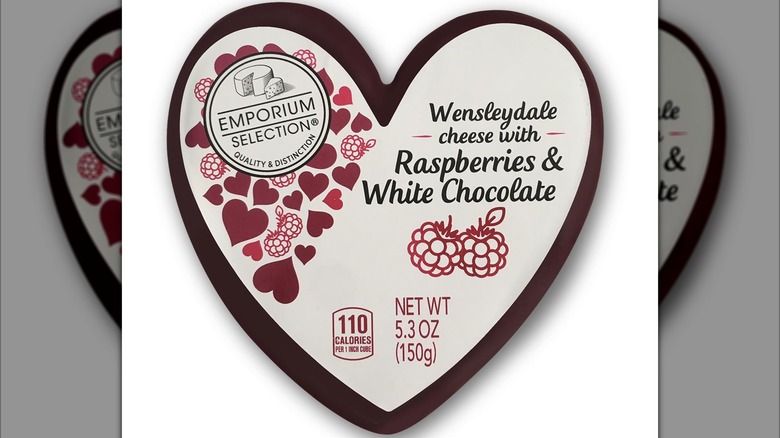 Heart-shaped box of Emporium Selection Valentine's Day Cheese Assortment against white background.