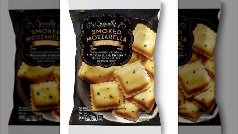 Bag of Specially Selected Smoked Mozzarella Ravioli against white background.
