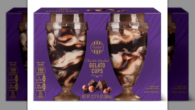 Box of Sundae Shoppe Italian Gelato Cups from Aldi against white background.
