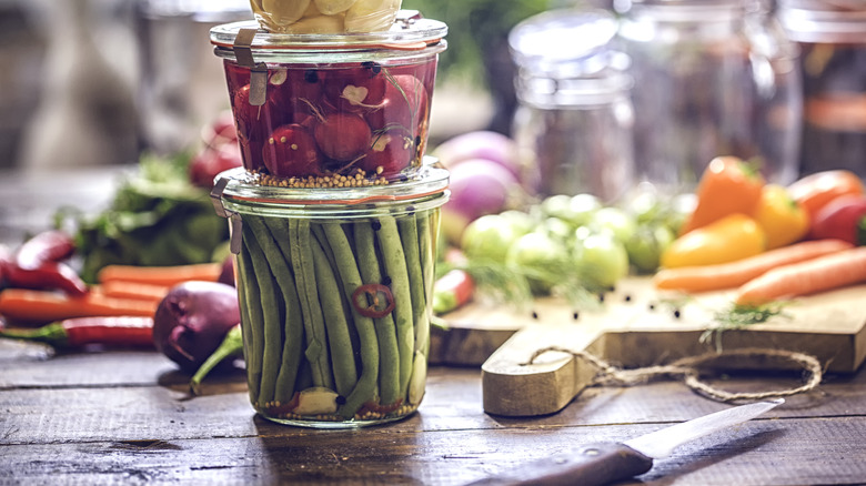green beans and radishes in jar