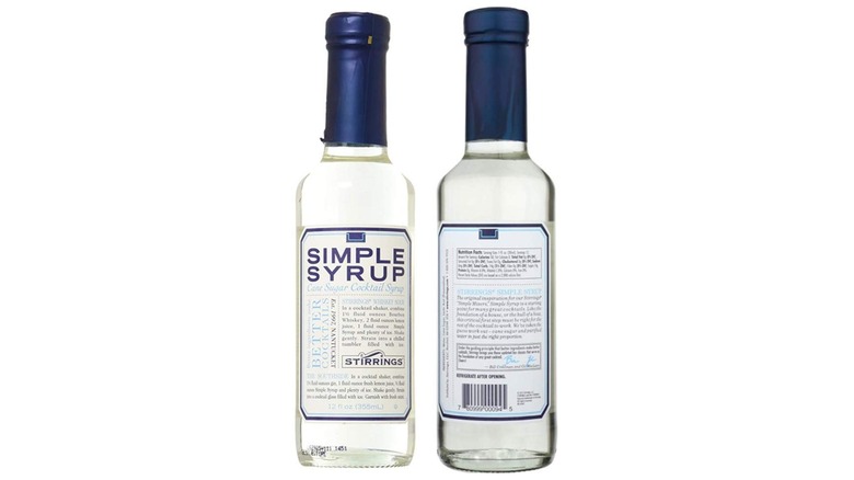 A bottle of Stirrings simple syrup showing the front and back of the label