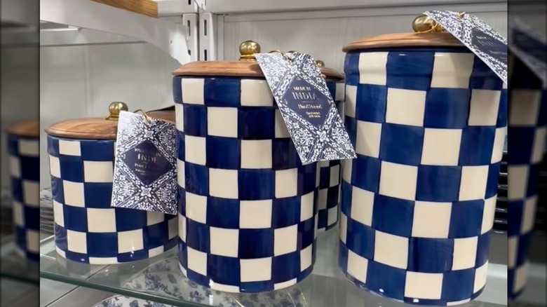 blue and white checkered ceramic coffee canister set with wooden tops