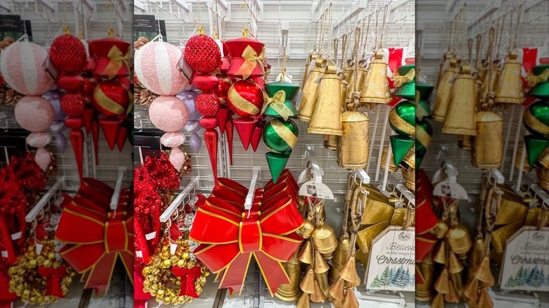 Various oversized Christmas ornaments on display