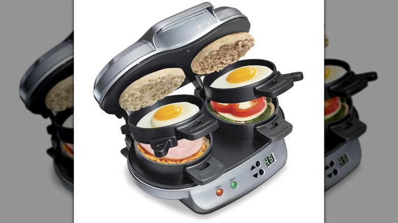 A Hamilton Beach Dual Breakfast Sandwich Maker on a white background
