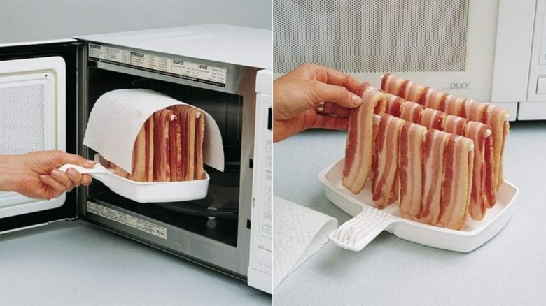 Side-by-side pictures of The Original Makin Bacon Microwave Dish going into the microwave and sitting on a counter