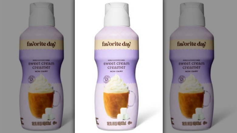 Favorite Day sweet cream creamer in a light purple bottle on white background