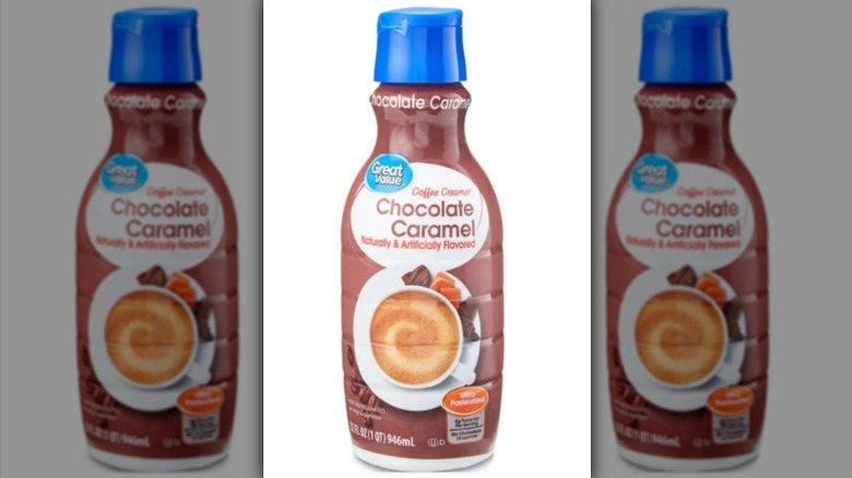 Great Value chocolate caramel creamer in a brown bottle with a blue lid on white background