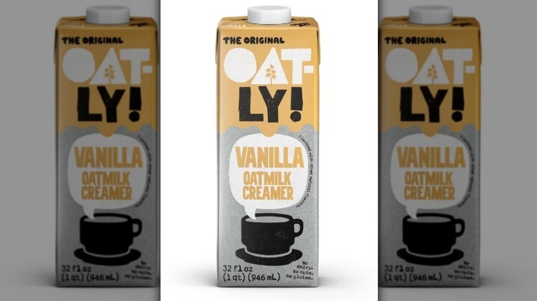 Oatly vanilla creamer in a gray and tan carton on white background