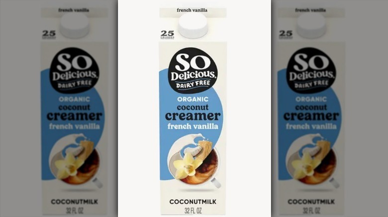So Delicious french vanilla coconut creamer in a white and blue carton on white background