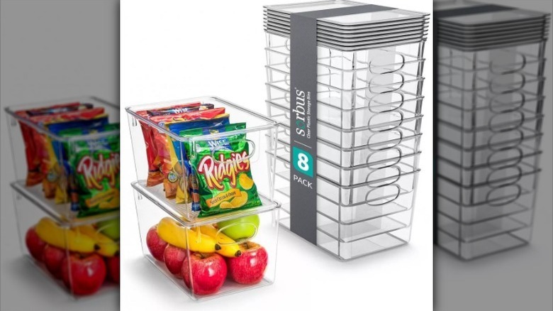 Stackable fridge storage bins on white background