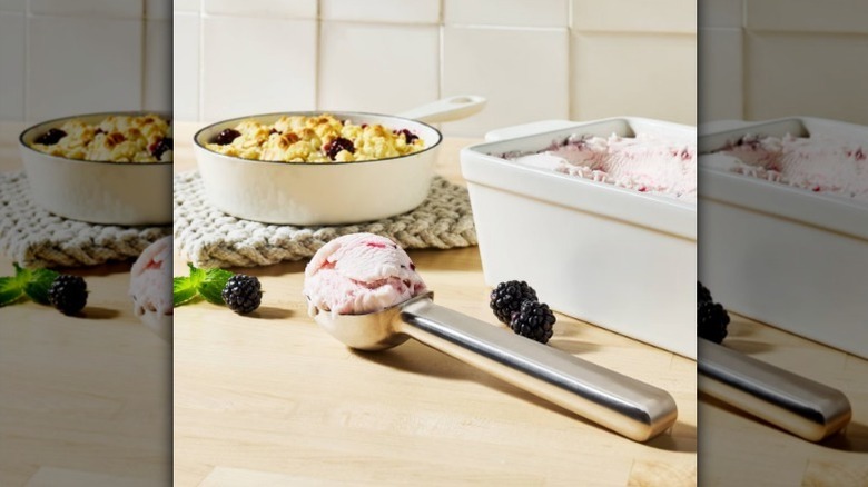 Figmint stainless steel ice cream scoop with ice cream and dessert