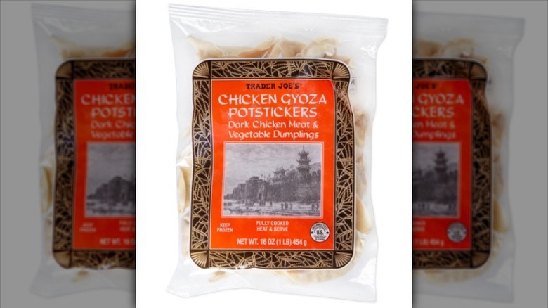 Chicken potstickers with red/orange label on white background