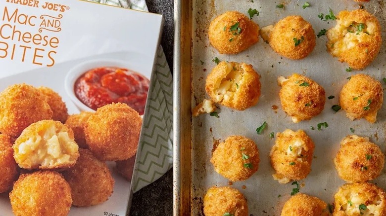 Mac and cheese bites on baking sheet with box nearby