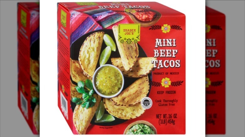 Mini beef tacos in a red box on a white background