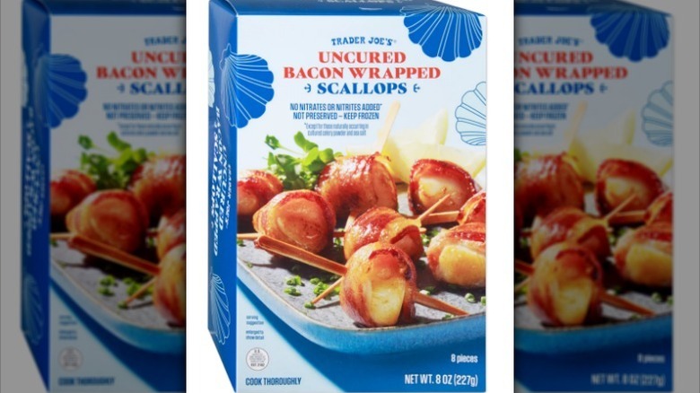 Blue bacon scallops box on white background