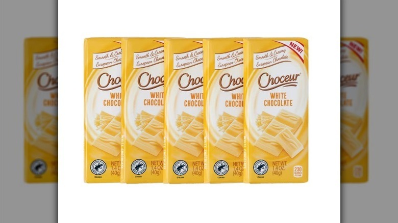 Pack of white chocolate bars on white background