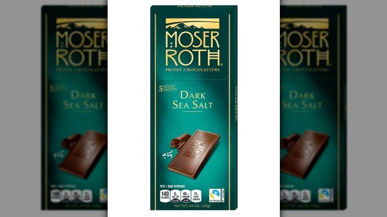Sea salt dark chocolate bar on white background