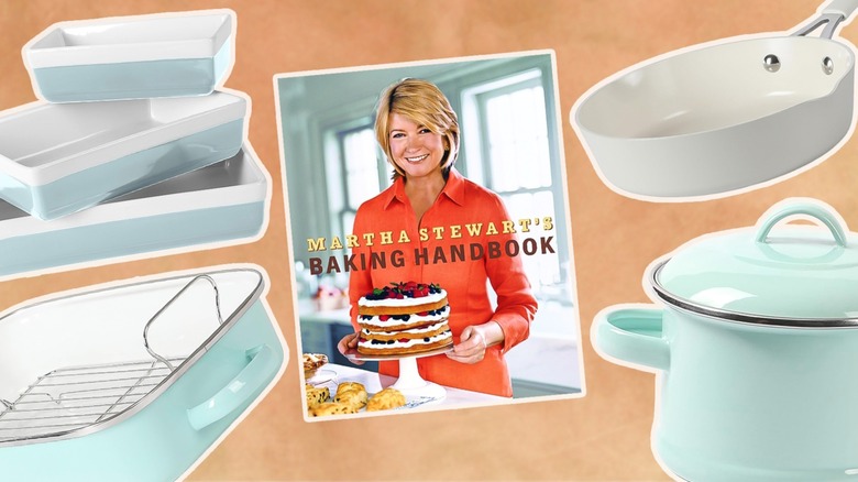Martha Stewart cookbook surrounded by pastel cookware