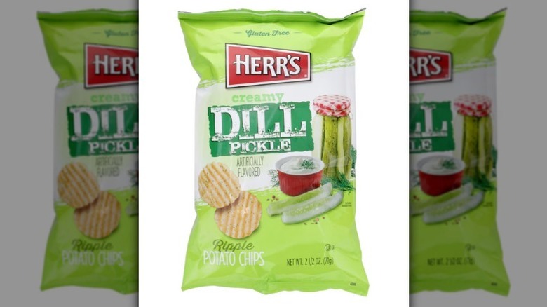 Herr's dill pickle chips on white background