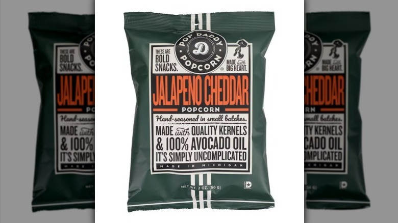 Pop Daddy jalapeno cheddar popcorn on white background