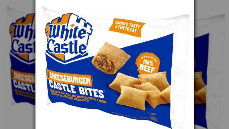 White Castle cheeseburger bites on white background
