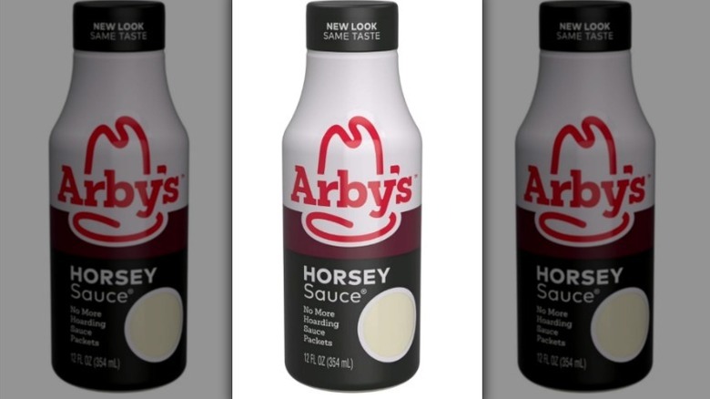 Arby's horsey sauce with a red, white, and black label on white background