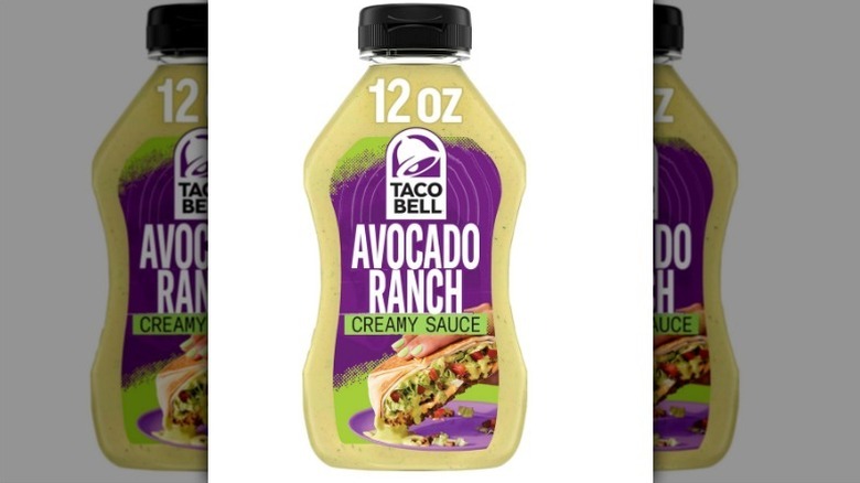 Taco Bell avocado ranch creamy sauce with a purple label on white background