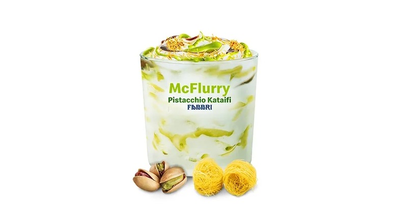 A McFlurry in a clear cup with pistachio and kataifi