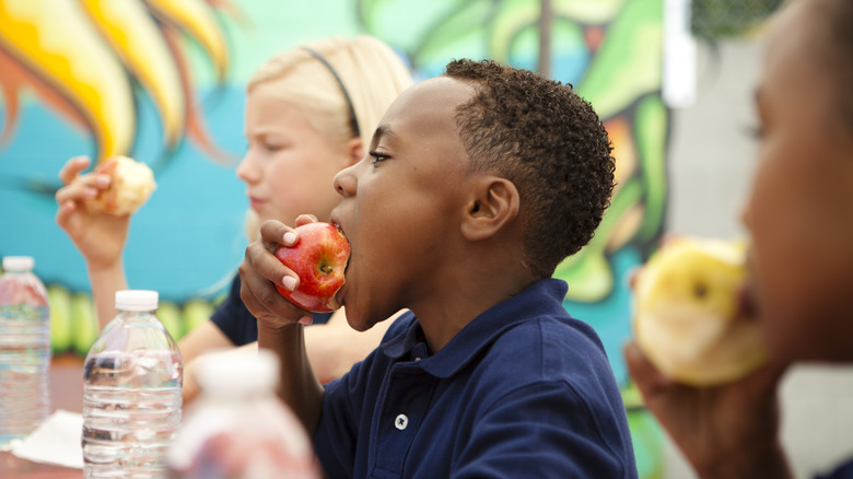 boy eating apple at school