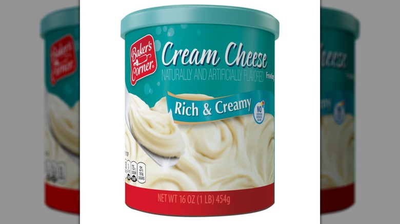 A container of Baker's Corner Cream Cheese Frosting on a white background