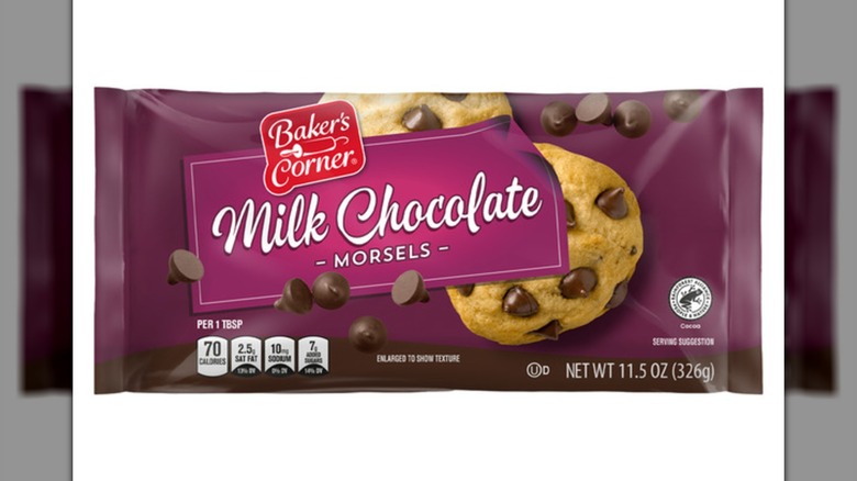 A bag of Baker's Corner Milk Chocolate Morsels on a white background