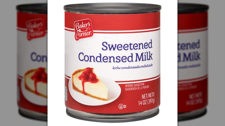 A can of Baker's Corner Sweetened Condensed Milk on a white background
