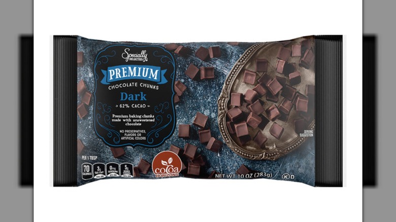 A bag of Specially Selected Premium Dark Chocolate Chunks on a white background