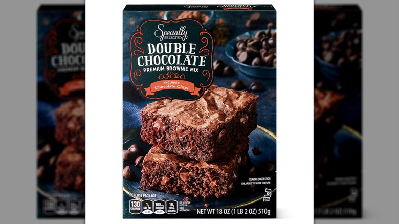 A box of Specially Selected Premium Double Chocolate Brownie Mix on a white background