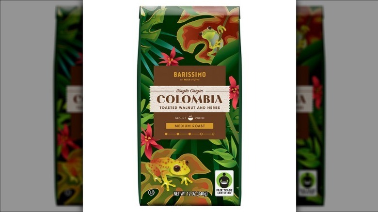 Colombia single origin coffee in a colorful bag on a white background.