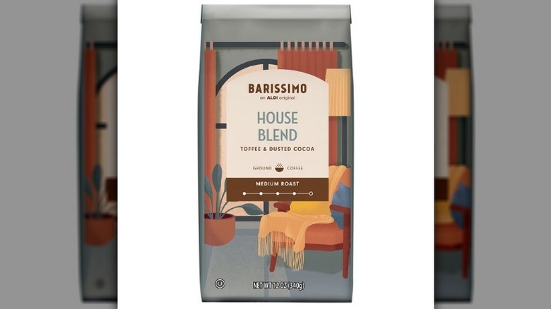 House blend coffee with curtains and a cozy chair on the label on white background.