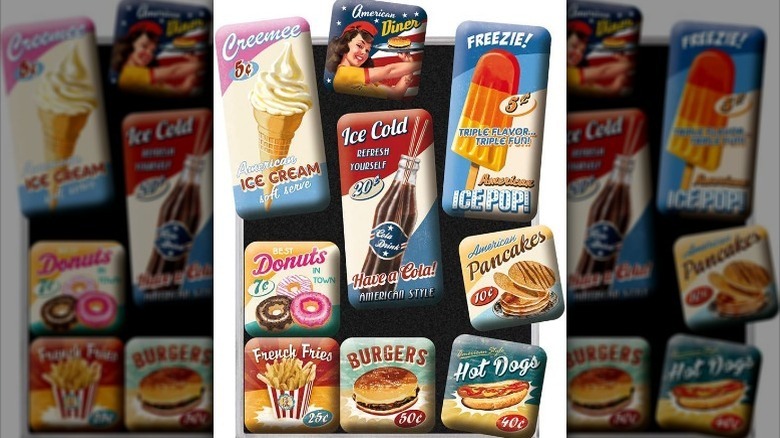 Variety of retro fridge magnets on white background