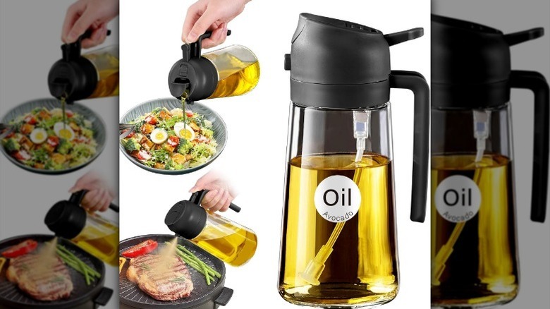 Glass bottle pouring and spraying oil on food