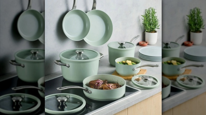 Circulon Halo cookware set on stove and kitchen counter